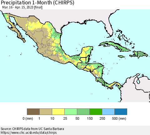 Mexico Central America and the Caribbean Precipitation 1-Month (CHIRPS) Thematic Map For 3/16/2023 - 4/15/2023