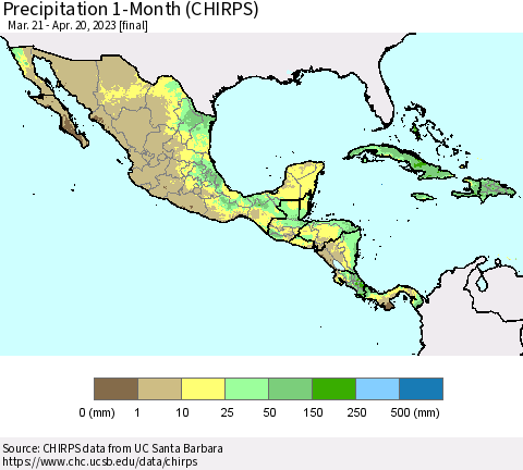 Mexico Central America and the Caribbean Precipitation 1-Month (CHIRPS) Thematic Map For 3/21/2023 - 4/20/2023