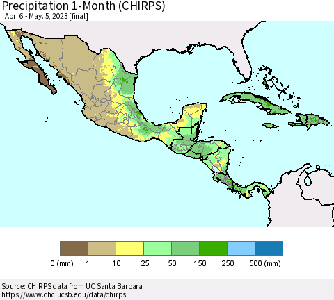 Mexico Central America and the Caribbean Precipitation 1-Month (CHIRPS) Thematic Map For 4/6/2023 - 5/5/2023
