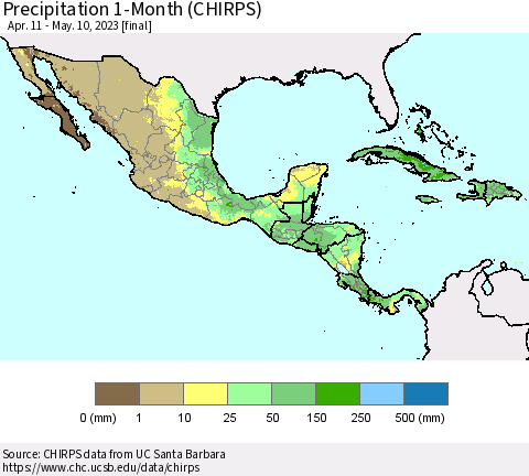 Mexico Central America and the Caribbean Precipitation 1-Month (CHIRPS) Thematic Map For 4/11/2023 - 5/10/2023