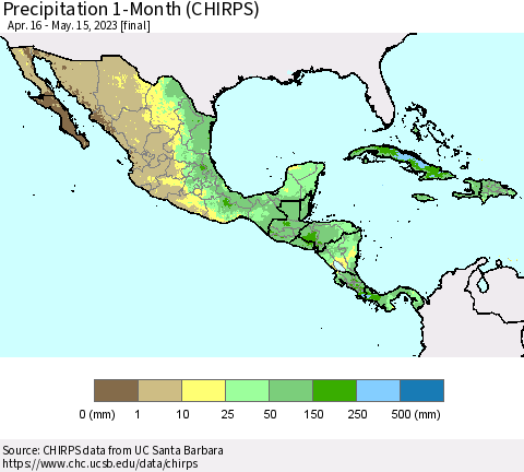 Mexico Central America and the Caribbean Precipitation 1-Month (CHIRPS) Thematic Map For 4/16/2023 - 5/15/2023