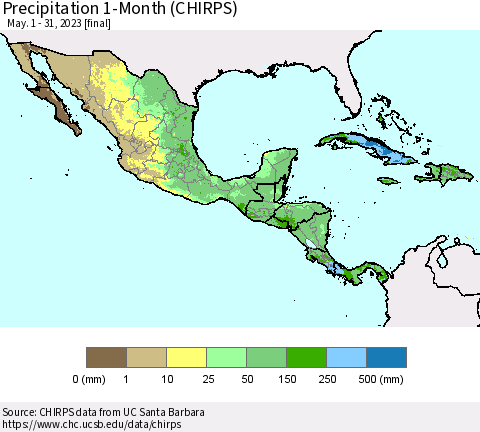 Mexico Central America and the Caribbean Precipitation 1-Month (CHIRPS) Thematic Map For 5/1/2023 - 5/31/2023