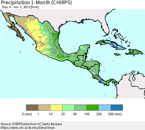 Mexico Central America and the Caribbean Precipitation 1-Month (CHIRPS) Thematic Map For 5/6/2023 - 6/5/2023
