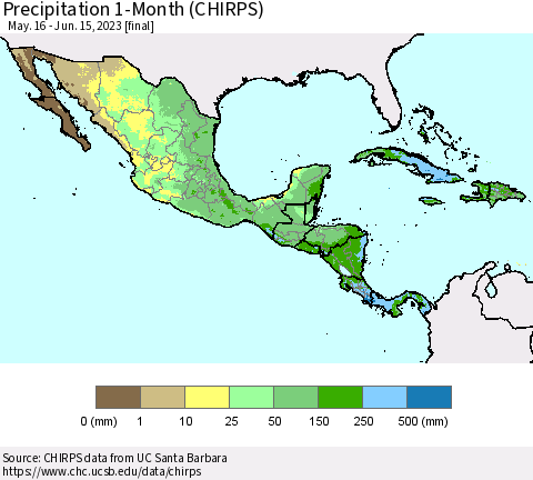 Mexico Central America and the Caribbean Precipitation 1-Month (CHIRPS) Thematic Map For 5/16/2023 - 6/15/2023