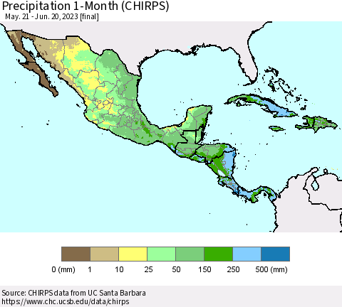 Mexico Central America and the Caribbean Precipitation 1-Month (CHIRPS) Thematic Map For 5/21/2023 - 6/20/2023