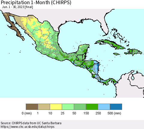 Mexico Central America and the Caribbean Precipitation 1-Month (CHIRPS) Thematic Map For 6/1/2023 - 6/30/2023