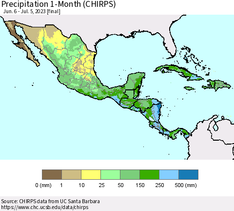 Mexico Central America and the Caribbean Precipitation 1-Month (CHIRPS) Thematic Map For 6/6/2023 - 7/5/2023