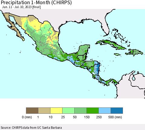 Mexico Central America and the Caribbean Precipitation 1-Month (CHIRPS) Thematic Map For 6/11/2023 - 7/10/2023