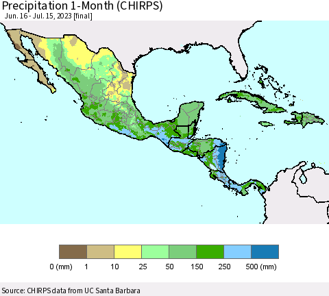 Mexico Central America and the Caribbean Precipitation 1-Month (CHIRPS) Thematic Map For 6/16/2023 - 7/15/2023