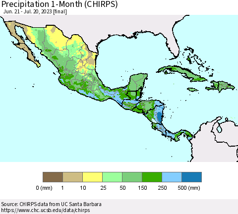 Mexico Central America and the Caribbean Precipitation 1-Month (CHIRPS) Thematic Map For 6/21/2023 - 7/20/2023