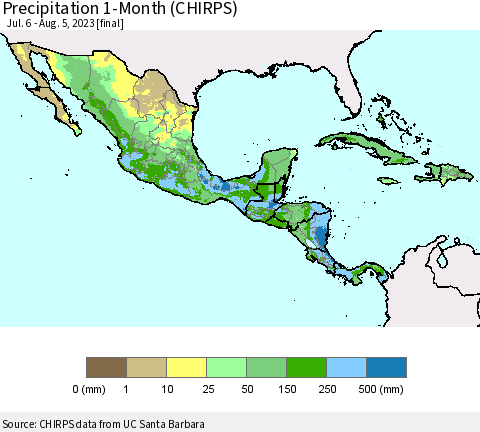 Mexico Central America and the Caribbean Precipitation 1-Month (CHIRPS) Thematic Map For 7/6/2023 - 8/5/2023