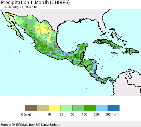 Mexico Central America and the Caribbean Precipitation 1-Month (CHIRPS) Thematic Map For 7/26/2023 - 8/25/2023