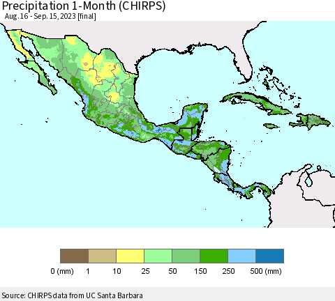 Mexico Central America and the Caribbean Precipitation 1-Month (CHIRPS) Thematic Map For 8/16/2023 - 9/15/2023