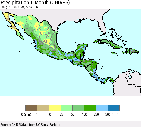Mexico Central America and the Caribbean Precipitation 1-Month (CHIRPS) Thematic Map For 8/21/2023 - 9/20/2023