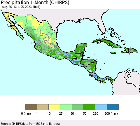 Mexico Central America and the Caribbean Precipitation 1-Month (CHIRPS) Thematic Map For 8/26/2023 - 9/25/2023