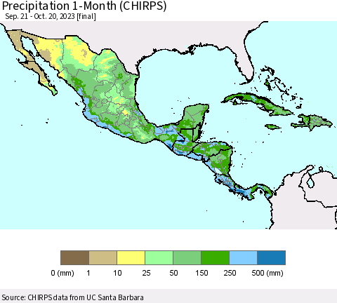 Mexico Central America and the Caribbean Precipitation 1-Month (CHIRPS) Thematic Map For 9/21/2023 - 10/20/2023
