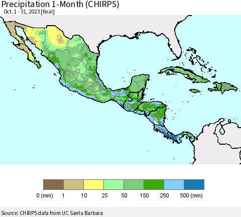 Mexico Central America and the Caribbean Precipitation 1-Month (CHIRPS) Thematic Map For 10/1/2023 - 10/31/2023