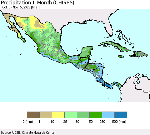 Mexico Central America and the Caribbean Precipitation 1-Month (CHIRPS) Thematic Map For 10/6/2023 - 11/5/2023