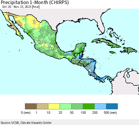 Mexico Central America and the Caribbean Precipitation 1-Month (CHIRPS) Thematic Map For 10/16/2023 - 11/15/2023