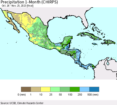 Mexico Central America and the Caribbean Precipitation 1-Month (CHIRPS) Thematic Map For 10/26/2023 - 11/25/2023