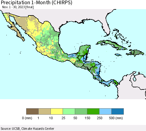 Mexico Central America and the Caribbean Precipitation 1-Month (CHIRPS) Thematic Map For 11/1/2023 - 11/30/2023