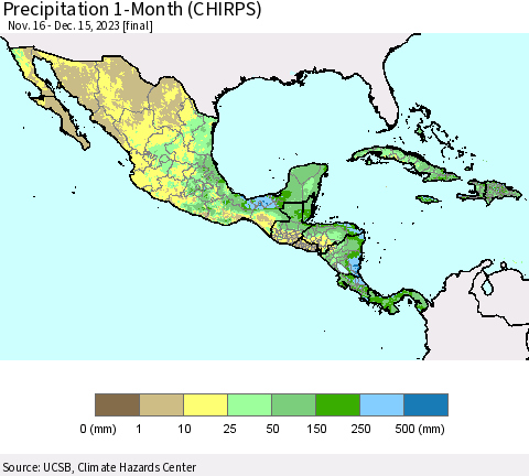 Mexico Central America and the Caribbean Precipitation 1-Month (CHIRPS) Thematic Map For 11/16/2023 - 12/15/2023