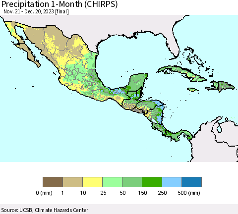 Mexico Central America and the Caribbean Precipitation 1-Month (CHIRPS) Thematic Map For 11/21/2023 - 12/20/2023