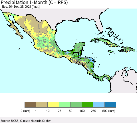 Mexico Central America and the Caribbean Precipitation 1-Month (CHIRPS) Thematic Map For 11/26/2023 - 12/25/2023