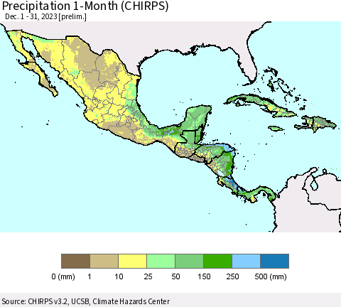 Mexico Central America and the Caribbean Precipitation 1-Month (CHIRPS) Thematic Map For 12/1/2023 - 12/31/2023