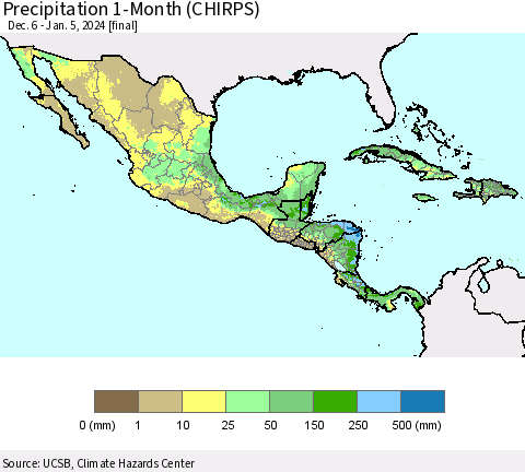 Mexico Central America and the Caribbean Precipitation 1-Month (CHIRPS) Thematic Map For 12/6/2023 - 1/5/2024