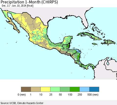 Mexico Central America and the Caribbean Precipitation 1-Month (CHIRPS) Thematic Map For 12/11/2023 - 1/10/2024