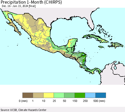 Mexico Central America and the Caribbean Precipitation 1-Month (CHIRPS) Thematic Map For 12/16/2023 - 1/15/2024