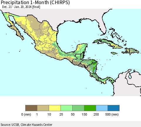 Mexico Central America and the Caribbean Precipitation 1-Month (CHIRPS) Thematic Map For 12/21/2023 - 1/20/2024