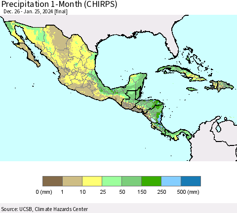 Mexico Central America and the Caribbean Precipitation 1-Month (CHIRPS) Thematic Map For 12/26/2023 - 1/25/2024