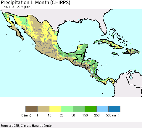 Mexico Central America and the Caribbean Precipitation 1-Month (CHIRPS) Thematic Map For 1/1/2024 - 1/31/2024