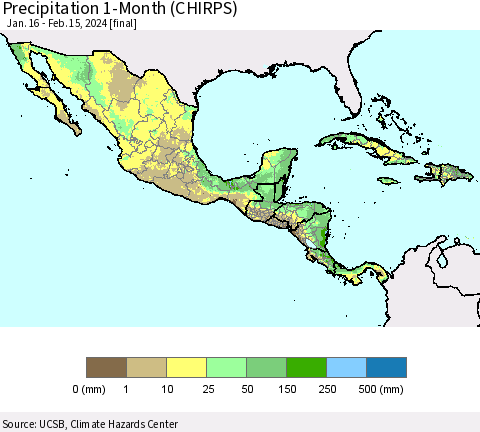 Mexico Central America and the Caribbean Precipitation 1-Month (CHIRPS) Thematic Map For 1/16/2024 - 2/15/2024
