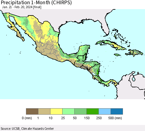 Mexico Central America and the Caribbean Precipitation 1-Month (CHIRPS) Thematic Map For 1/21/2024 - 2/20/2024