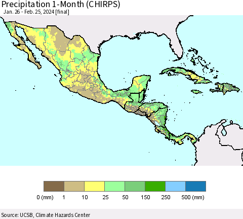 Mexico Central America and the Caribbean Precipitation 1-Month (CHIRPS) Thematic Map For 1/26/2024 - 2/25/2024