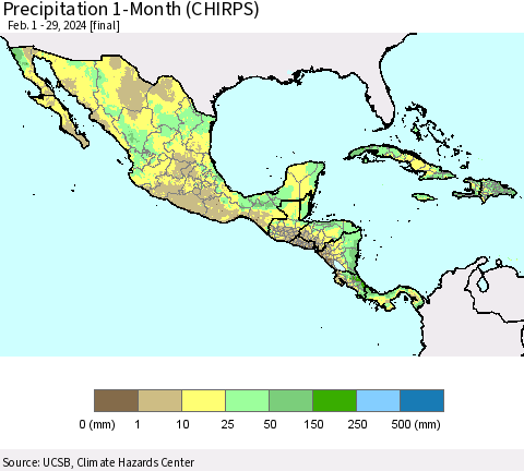 Mexico Central America and the Caribbean Precipitation 1-Month (CHIRPS) Thematic Map For 2/1/2024 - 2/29/2024