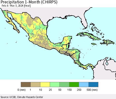 Mexico Central America and the Caribbean Precipitation 1-Month (CHIRPS) Thematic Map For 2/6/2024 - 3/5/2024