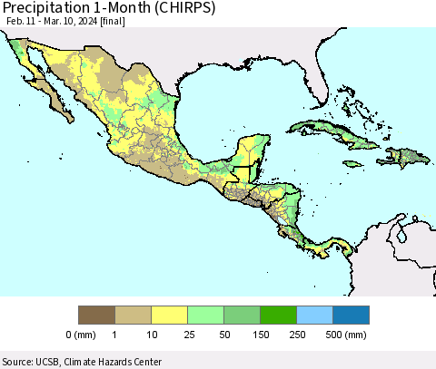 Mexico Central America and the Caribbean Precipitation 1-Month (CHIRPS) Thematic Map For 2/11/2024 - 3/10/2024