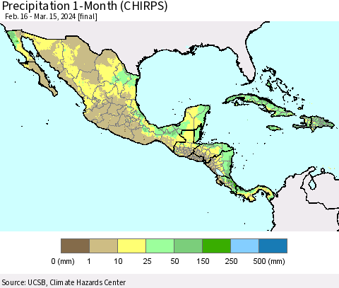 Mexico Central America and the Caribbean Precipitation 1-Month (CHIRPS) Thematic Map For 2/16/2024 - 3/15/2024