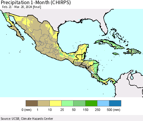 Mexico Central America and the Caribbean Precipitation 1-Month (CHIRPS) Thematic Map For 2/21/2024 - 3/20/2024