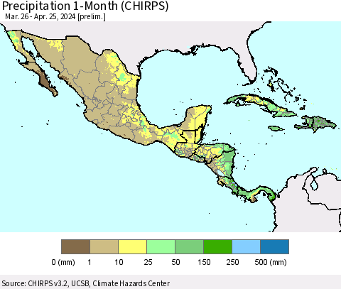 Mexico Central America and the Caribbean Precipitation 1-Month (CHIRPS) Thematic Map For 3/26/2024 - 4/25/2024
