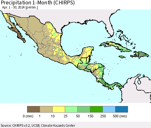 Mexico Central America and the Caribbean Precipitation 1-Month (CHIRPS) Thematic Map For 4/1/2024 - 4/30/2024