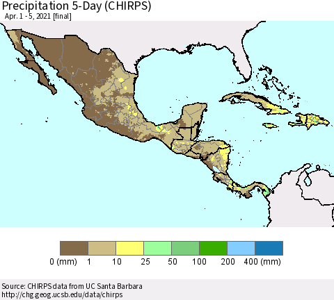 Mexico Central America and the Caribbean Precipitation 5-Day (CHIRPS) Thematic Map For 4/1/2021 - 4/5/2021