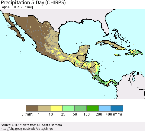 Mexico Central America and the Caribbean Precipitation 5-Day (CHIRPS) Thematic Map For 4/6/2021 - 4/10/2021