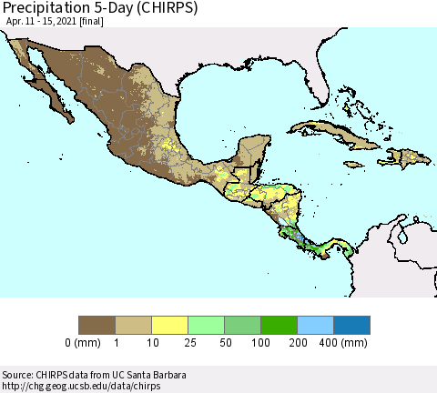 Mexico Central America and the Caribbean Precipitation 5-Day (CHIRPS) Thematic Map For 4/11/2021 - 4/15/2021