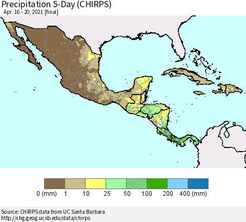 Mexico Central America and the Caribbean Precipitation 5-Day (CHIRPS) Thematic Map For 4/16/2021 - 4/20/2021