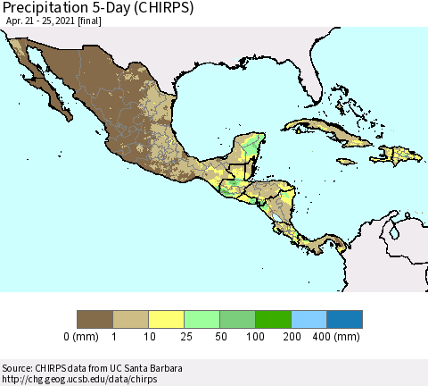 Mexico Central America and the Caribbean Precipitation 5-Day (CHIRPS) Thematic Map For 4/21/2021 - 4/25/2021